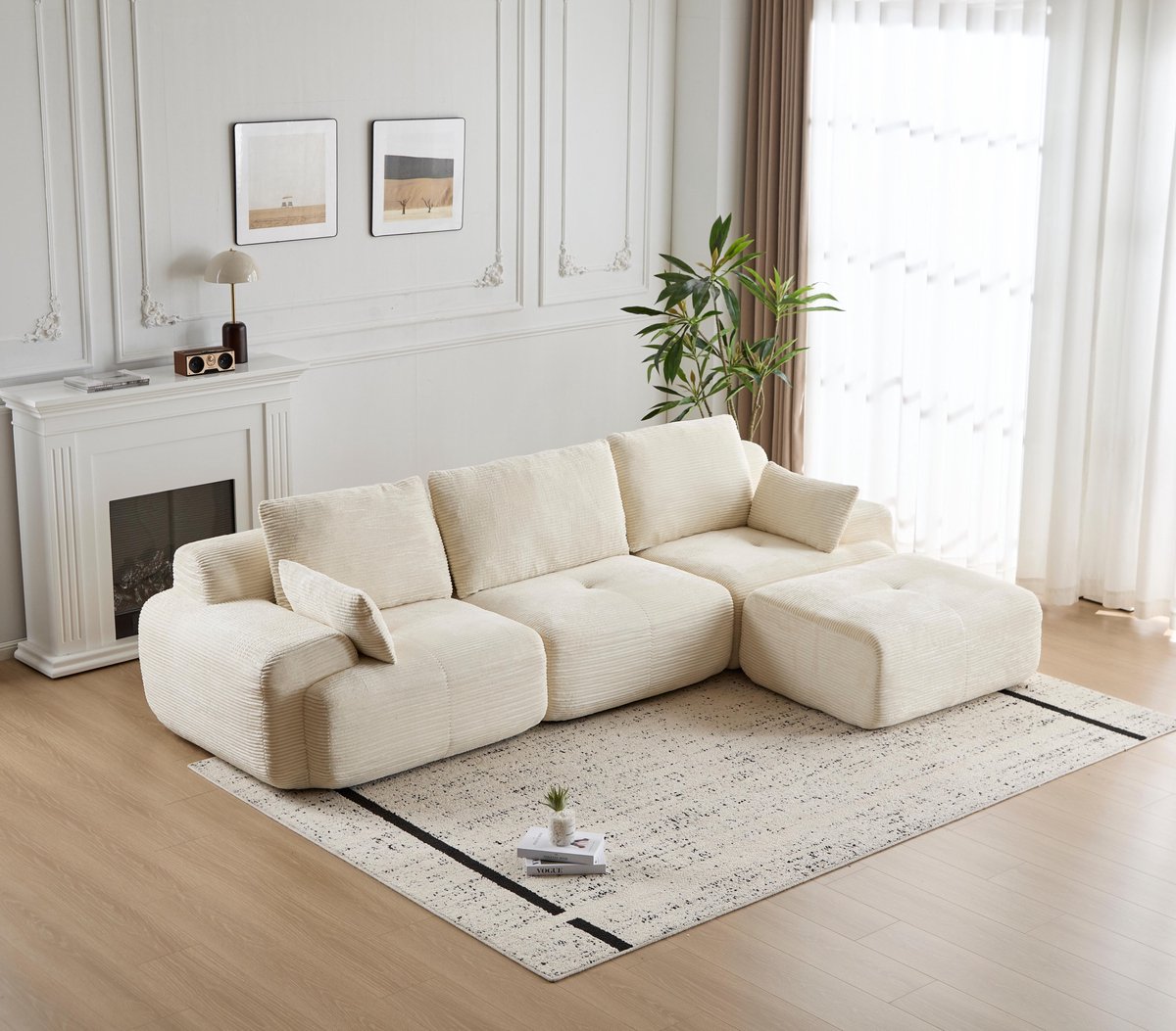 Multifunctionele Corduroy Slaapbank – Opvouwbaar met 2 Armleuningen – 4-in-1 Design – Geschikt voor 3 Personen – Flexibele Opstelling – Te Gebruiken als Logeerbed, Bank en Ligstoel – Woonkamer/Slaapkamer – Beige
