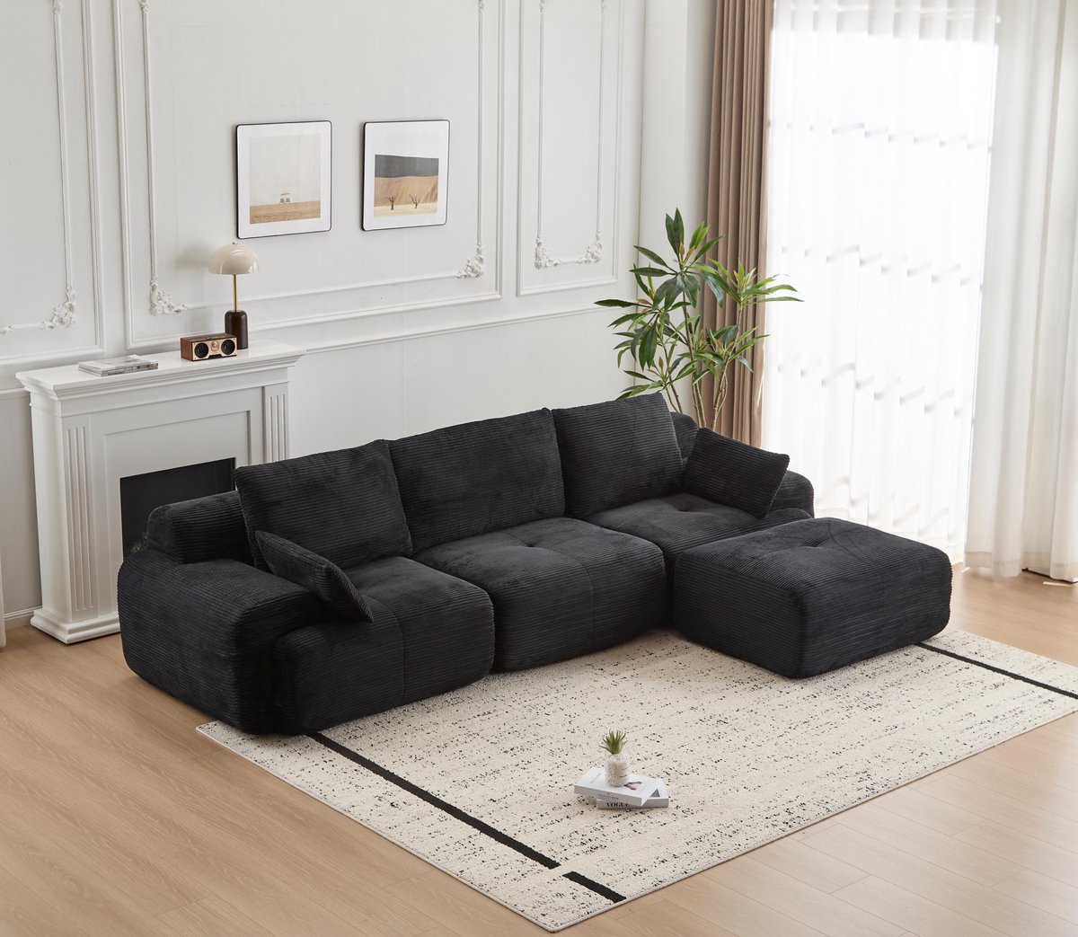Multifunctionele Corduroy Slaapbank – Opvouwbaar met 2 Armleuningen – 4-in-1 Design – Geschikt voor 3 Personen – Flexibele Opstelling – Te Gebruiken als Logeerbed, Bank en Ligstoel – Woonkamer/Slaapkamer – Zwart