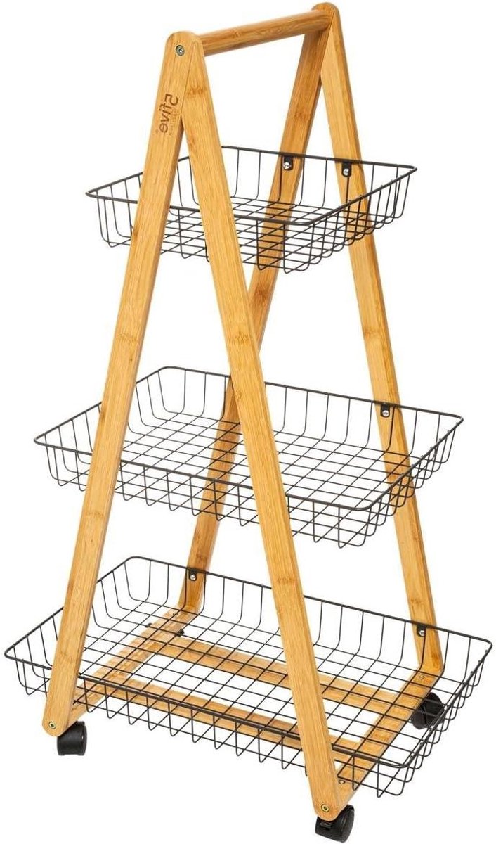 Dienstwagen Bamboe - Opbergwagen Keuken - Ruimte Besparen - Drie Niveaus - H 88cm - Koolstof