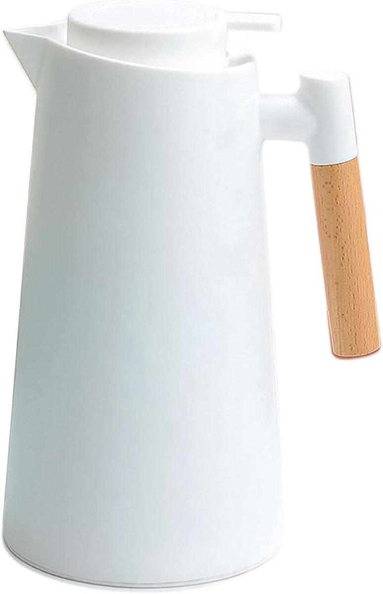 Geïsoleerde waterfles van 1 liter, dubbelwandige vacuümgeïsoleerde koffiekan, thermoskan met houten handvat, waterfles, theefles, houdt dranken warm of koud (wit)