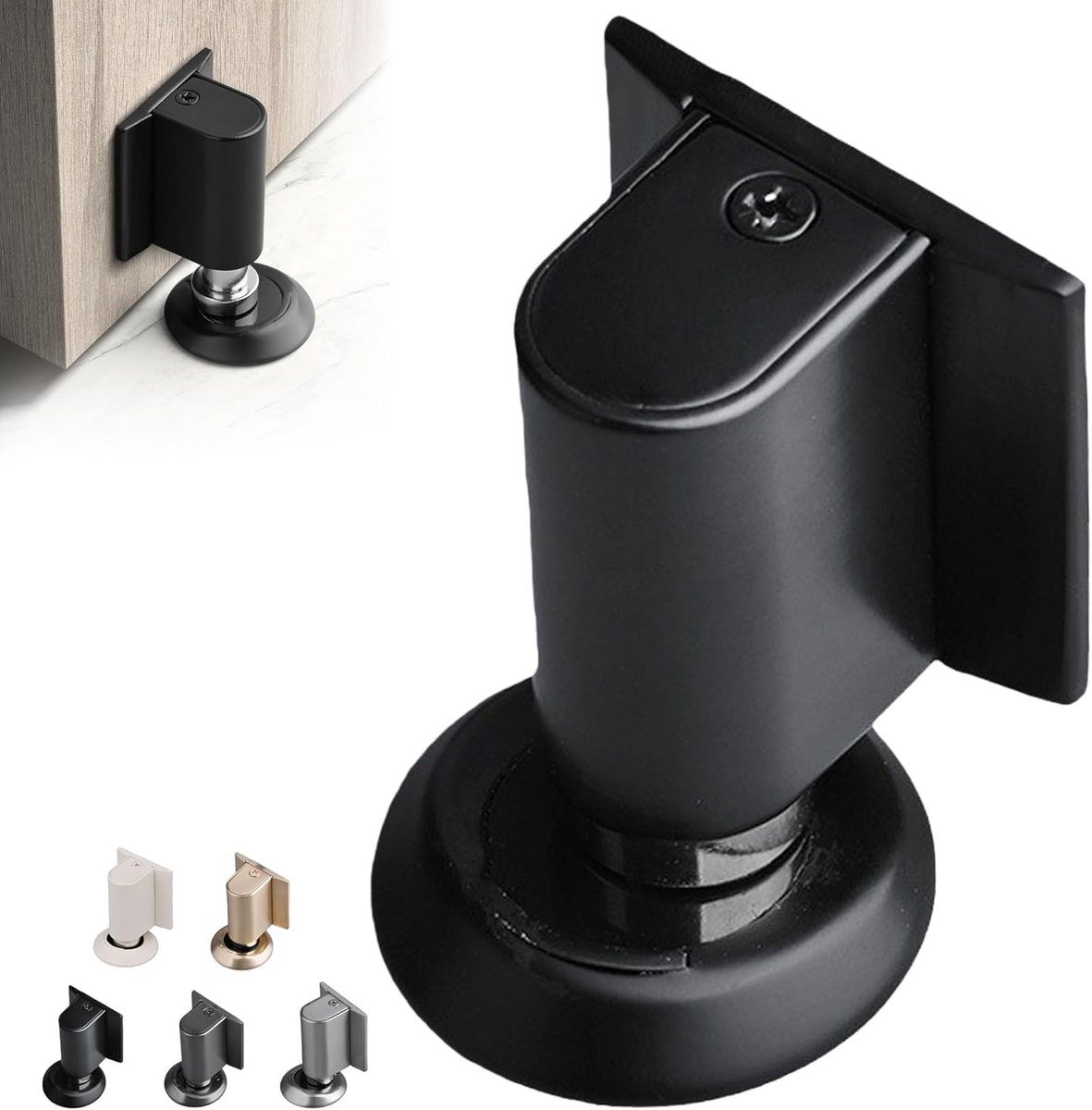 Magnetische deurstopper met schroeven en lijm Geschikt voor een sterke bevestiging; robuuste magnetische deurstopper met wigvormige onderbeugel om de deur open te houden (zwart).