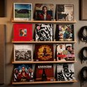 Twaalf LP's op vier houten planken, waaronder albums van Logic, Eminem en A$AP Rocky.