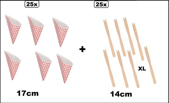 25 rode geruite frietzakjes van 17cm en 25 houten frietvorkjes van 14cm.