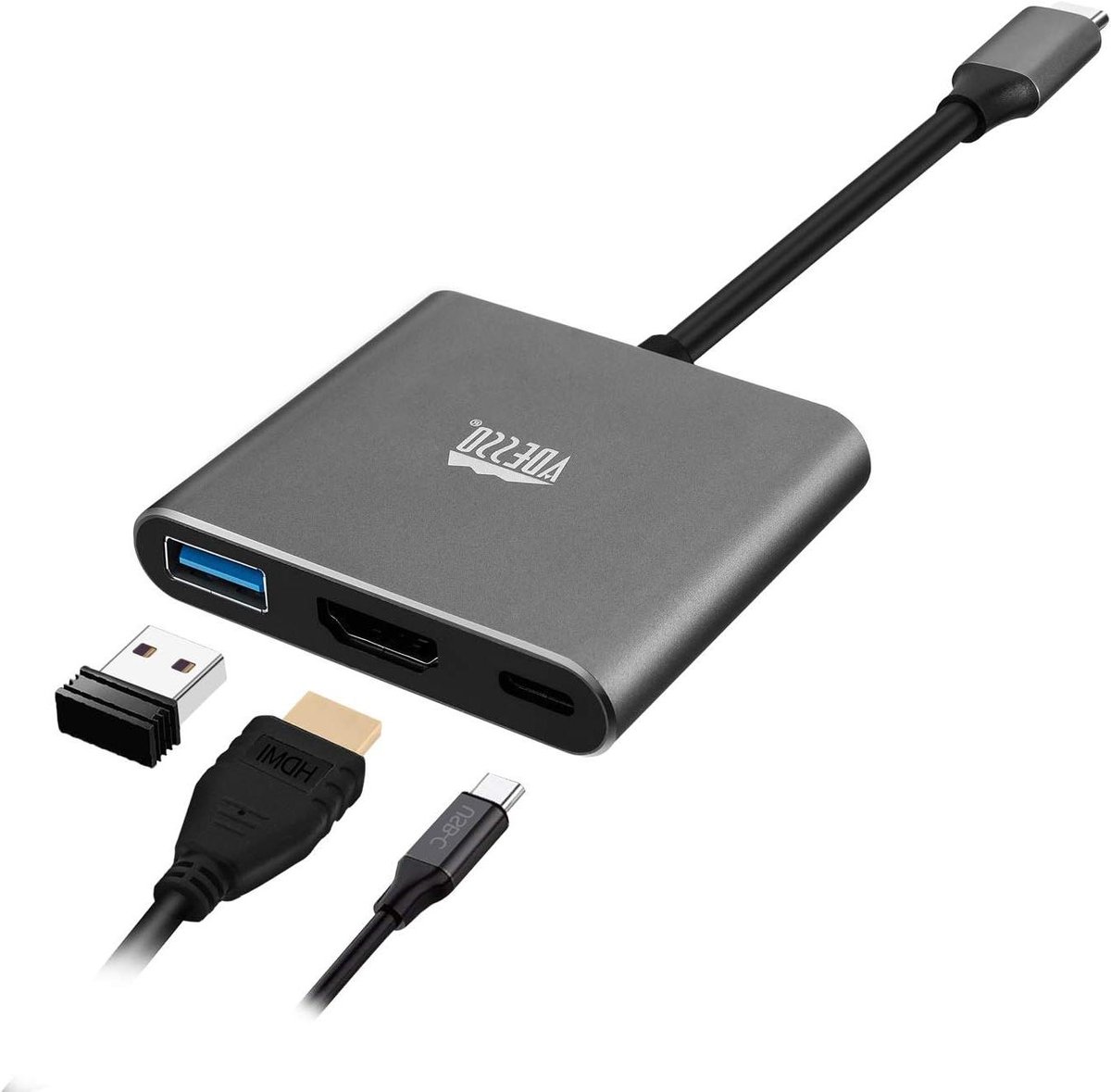 USB-C Hub - Adapter Dock - Laptop Uitbreiden - Drie Poorten - Compact Formaat - Grijs