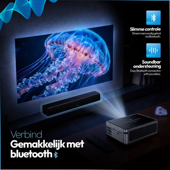 Beamer projecteert een blauwe kwal op een scherm, met soundbar onderaan. Tekst 'Verbind Gemakkelijk met bluetooth'.