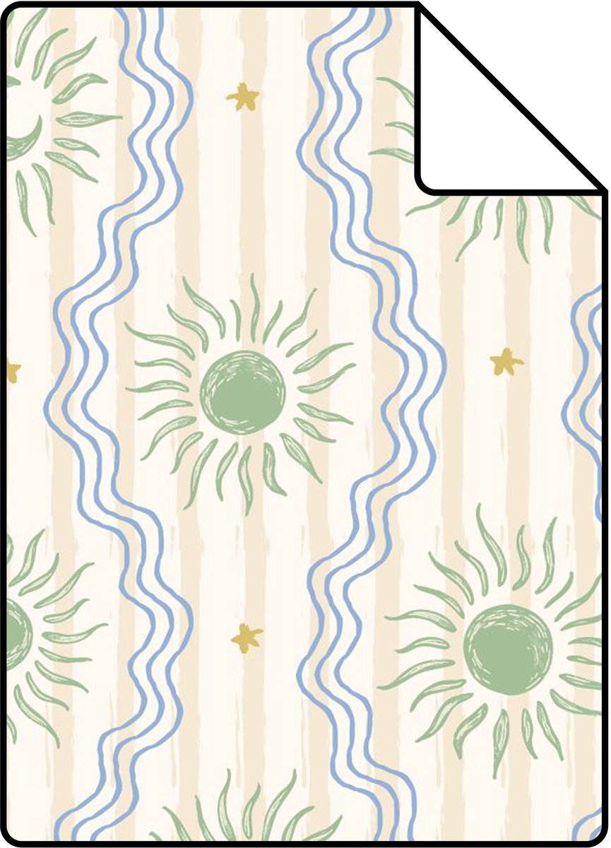 Proefstaal ESTAhome behang zonnetjes beige, blauw en groen - 26.5 x 21 cm - 132015-S