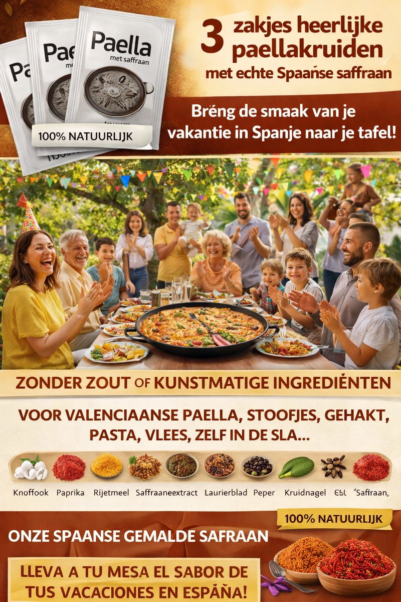 3 SACHETS DE PAELLA GEHEIM 3 zakjes heerlijke paella kruiden met echte saffraan, het geheim van een echte Valenciaanse Paella. Geen kunstmatige ingrediënten en geen zout... OOK VOOR STOOFJES, GEHAAKT, PASTA, VLEES, ZELF IN DE SLA... SMAAKT HEERLIJK