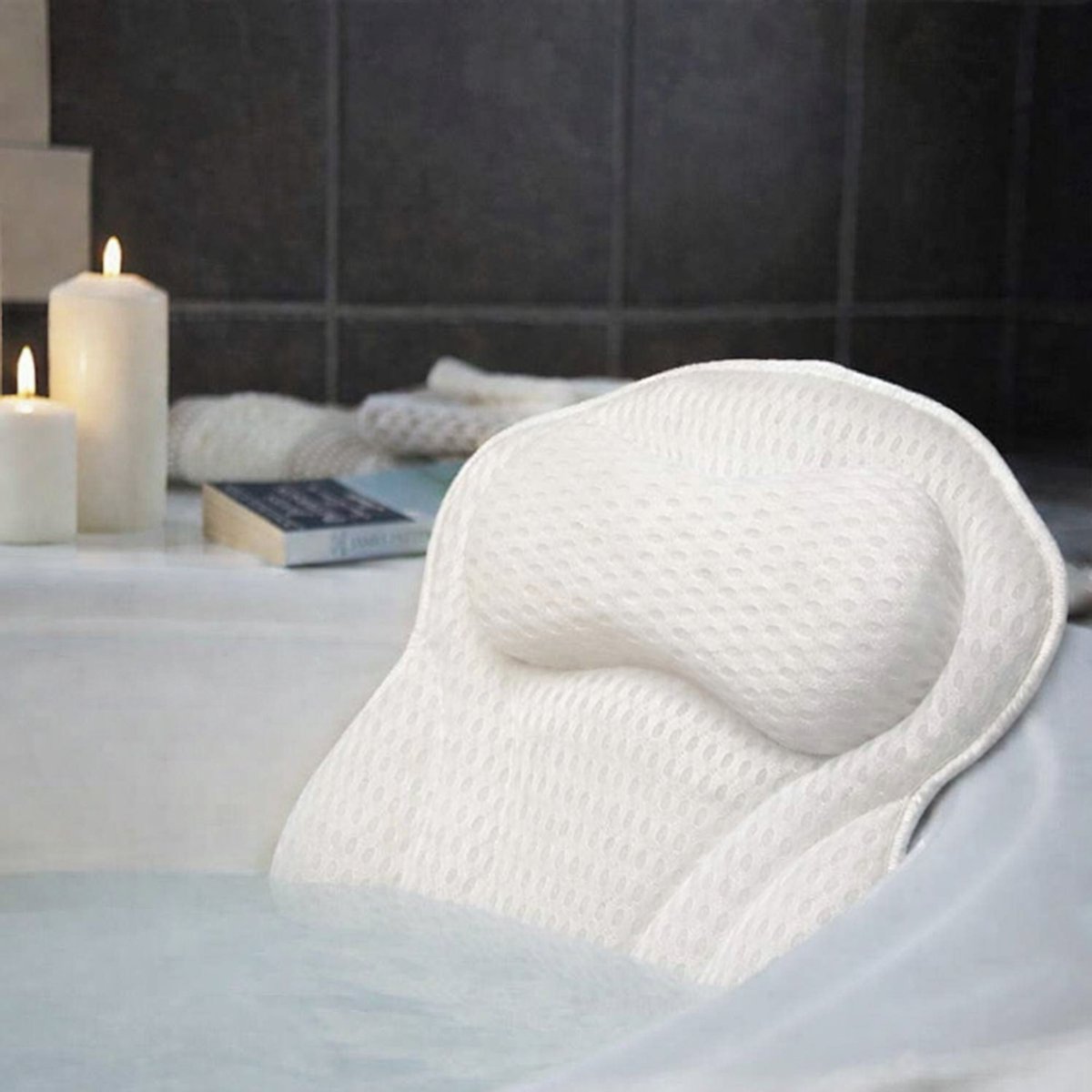 La Aster Badkussen - Spa Comfort - Wit - Ergonomische Hoofd- en Neksteun - Anti-Slip - 6 Sterke Zuignappen - Sneldrogend 4D Air Mesh