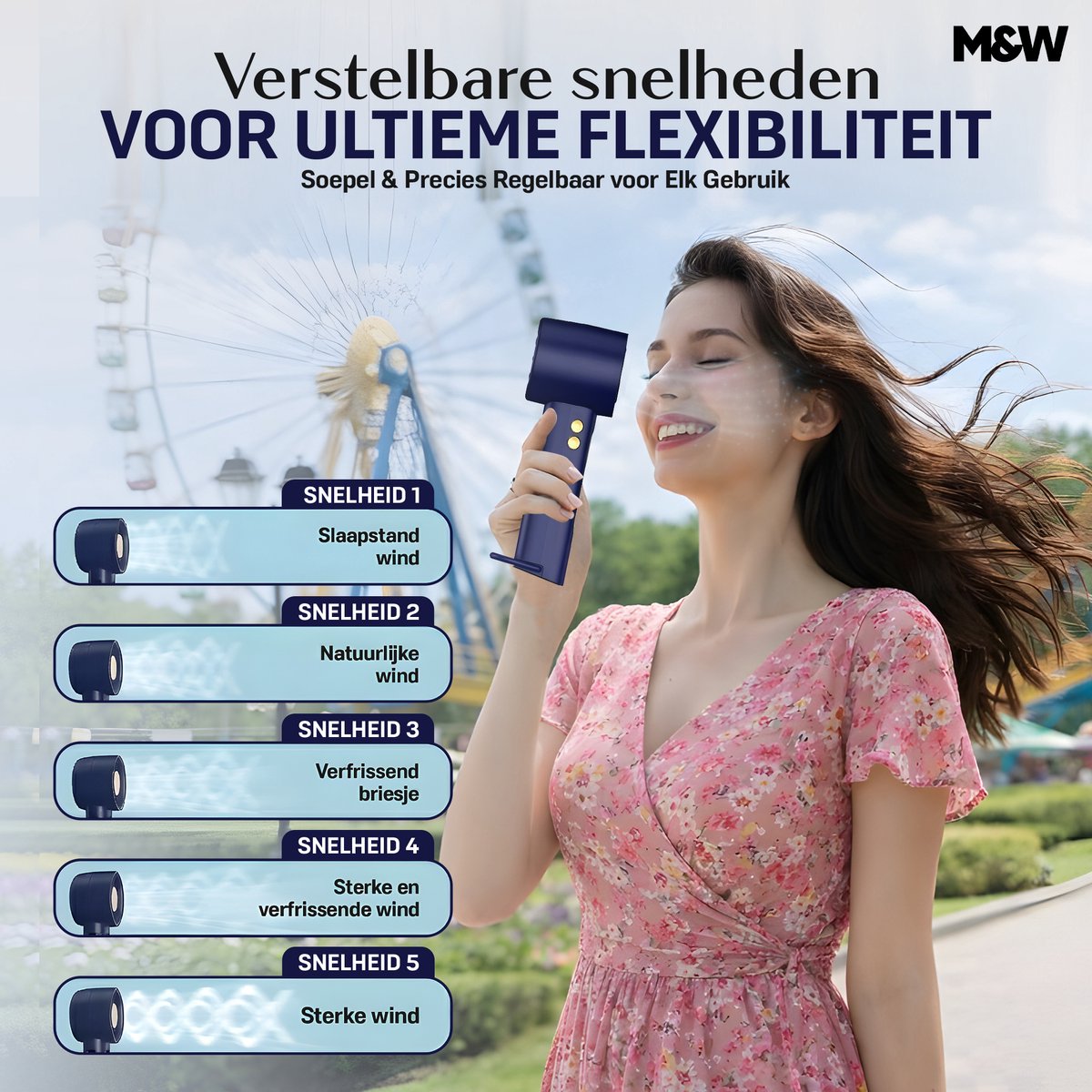 M&W® Mini Ventilator Draagbaar – Handventilator met IJs Koeling – Oplaadbaar USB (3000 mAh) – Stil & Krachtig – 3 Standen – Compacte Zakventilator voor Reizen, Festival, Kantoor & Thuis — afbeelding 9
