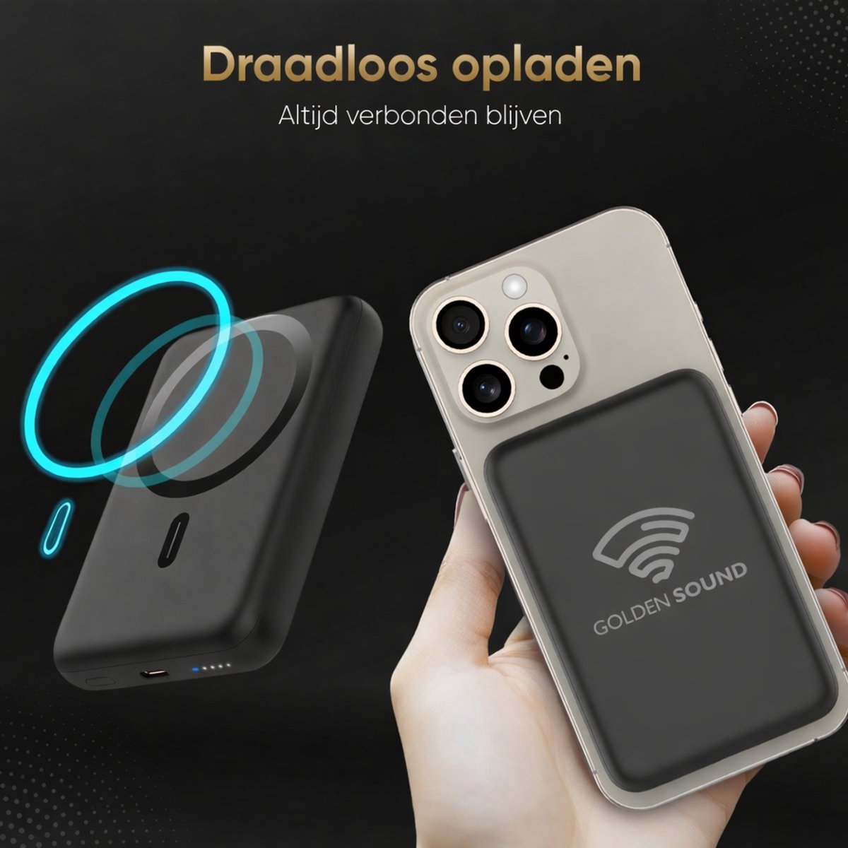 Golden Sound Powerbank 10000 mAh Draadloos Zwart - afbeelding 2