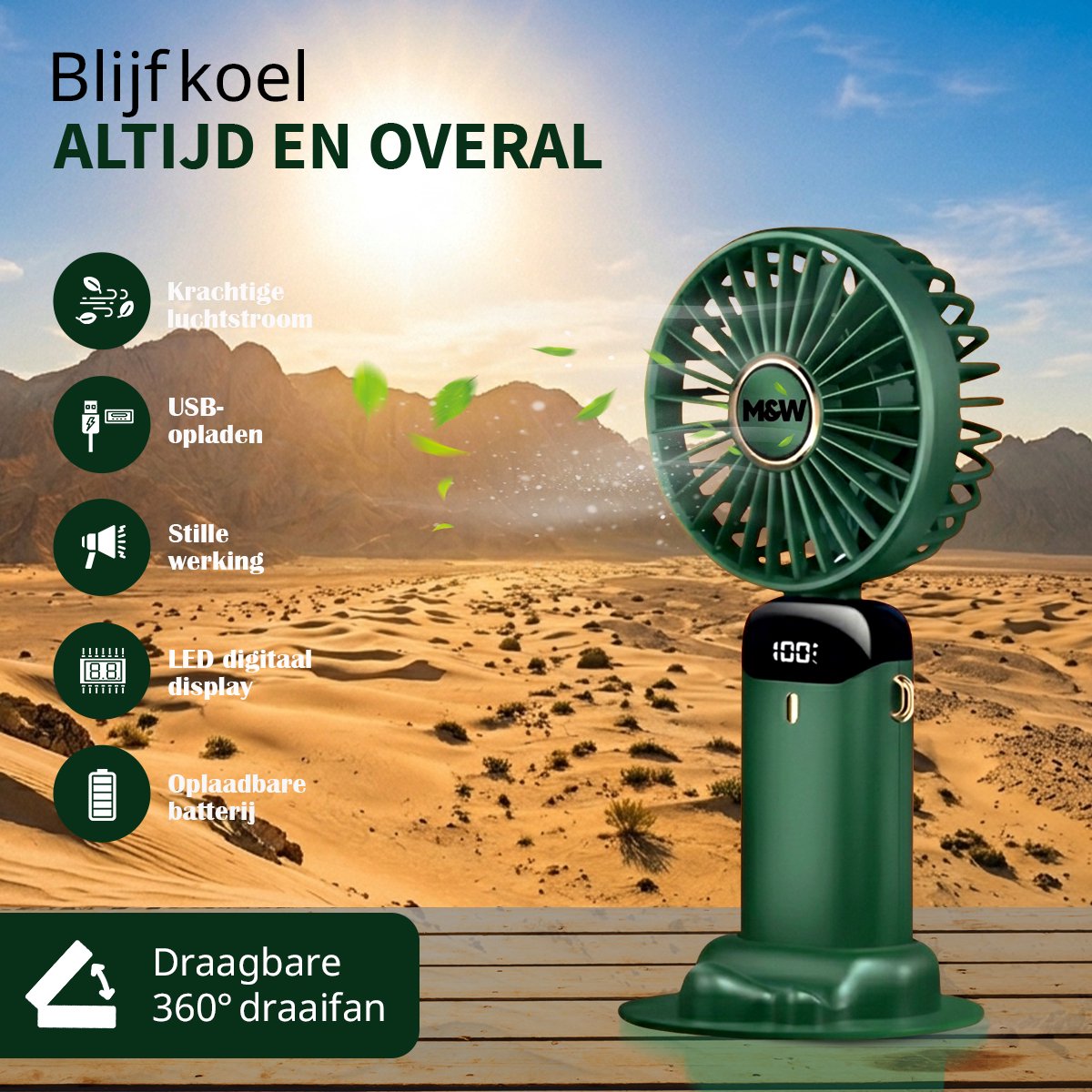 M&W Draagbare Hand Ventilator Hand Fan - Airco Verkoeling USB Ventilatoren - Handventilator Groen — afbeelding 12