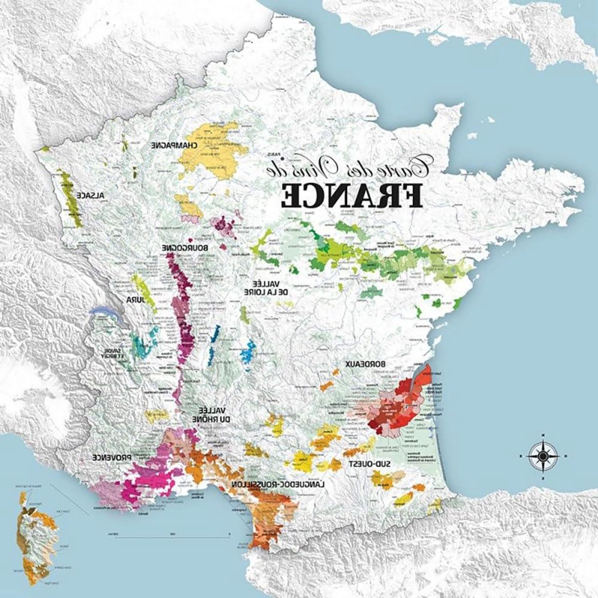 Franse Wijnkaart - Decoratieve Poster - Wijn Educatie - Inclusief Corsica - 100x100 cm - Meerdere Kleuren