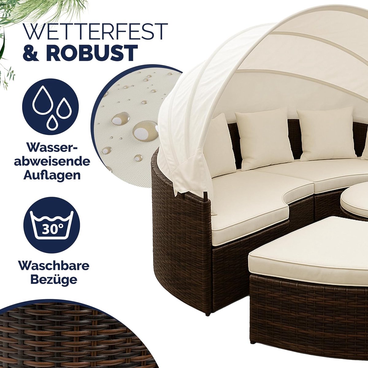 Zonne-eiland Tuinbed - Loungeset XXL 230cm Ø - ABTkantoor Luxe Polyrotan Tuinbed met Verstelbaar Dak, 4 Kussens, 2-in-1 Conversie Zitgroep, Weerbestendig Tuinmeubel, 320kg Draagkracht, Bruin