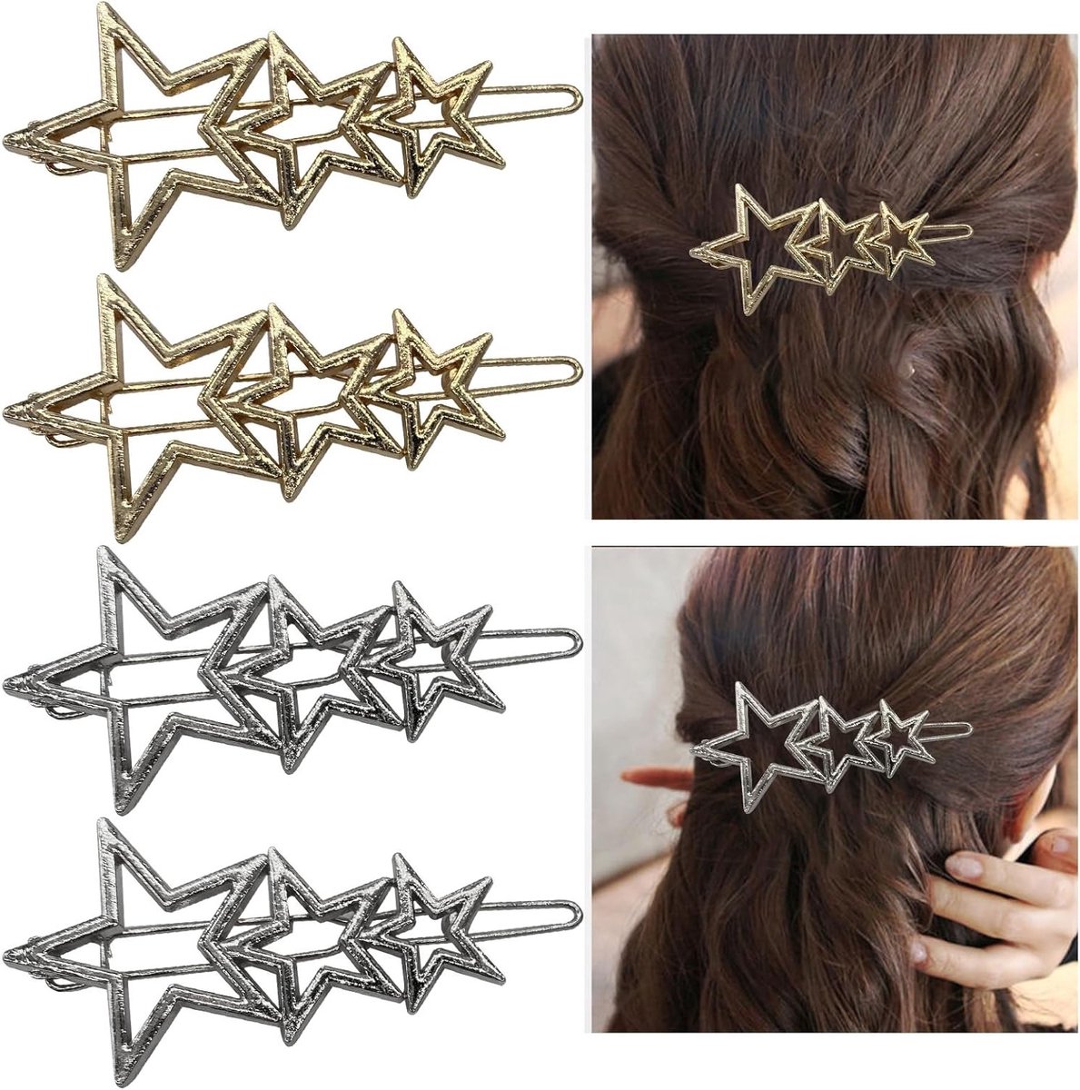 Chique set van 4 metalen pentagram haarspelden voor vrouwen en meisjes - trendy haaraccessoires voor elke gelegenheid, stijlvol en eenvoudig (goud, zilver)