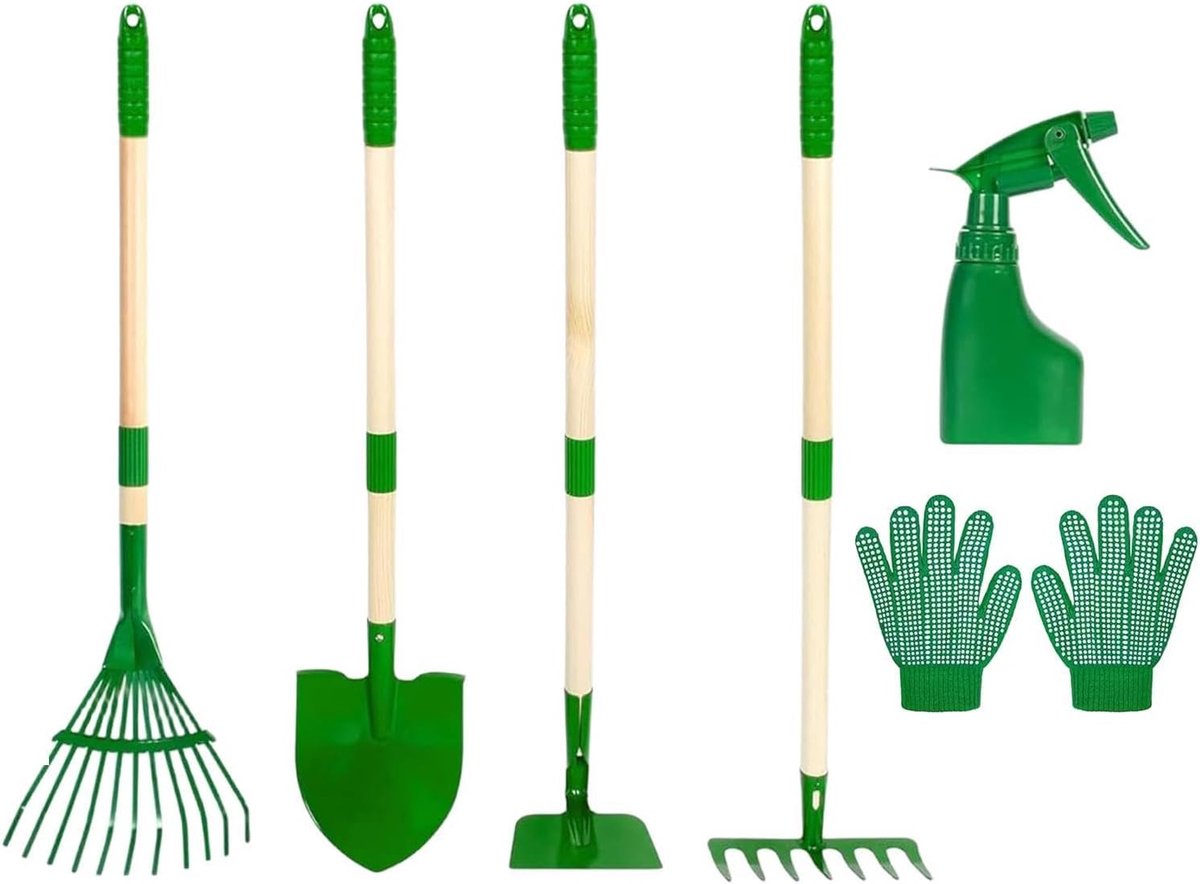 Tuinset voor kinderen | Hark en schep met houten handvat | Tuingereedschapset voor kinderen | Geschikt voor kinderen vanaf 3 jaar - jongens en meisjes - geschikt voor tuinen, terrassen, parken, stranden, zandvlaktes, aarde en andere buitenlocaties.
