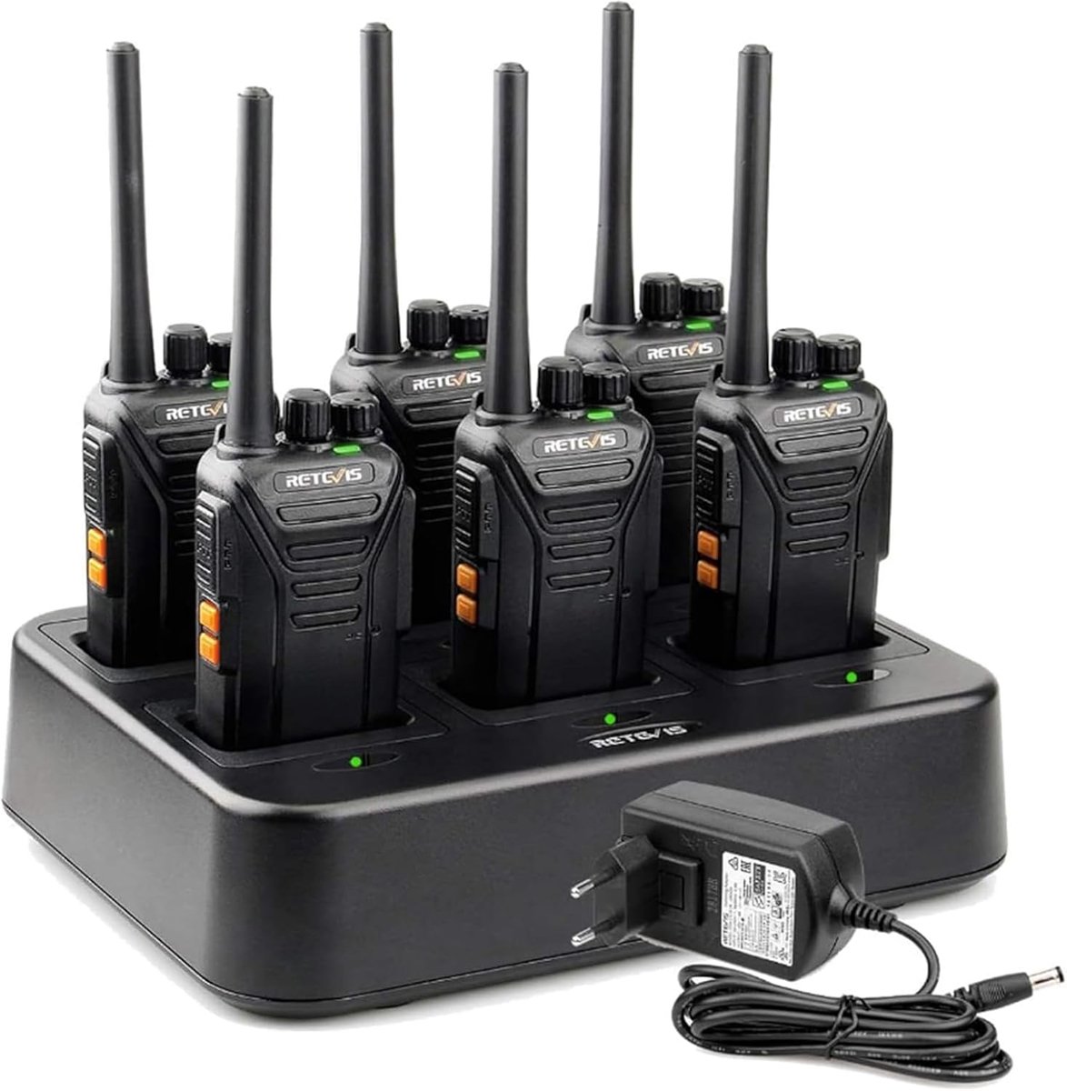Retevis RT27 Walkie Talkie met 6-weg Lader-PMR446 Professionele Vergunningsvrije Portofoon-16 Kanalen CTCSS/DCS VOX-Walkie-talkie voor Scholen-Grote bedrijven of Evenementen(6 Stuks, Zwart)