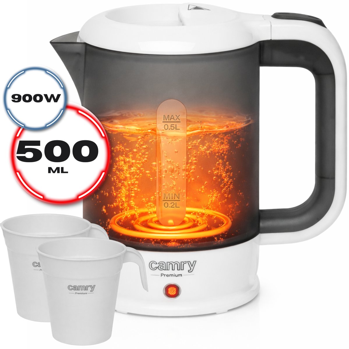 Camry® Reiswaterkoker 500ML - Inclusief 2 Kopjes en Lepel - 900W - Droogkookbeveiliging- Draagbaar - Kleine waterkoker -mini waterkoker - Waterkoker - camping waterkoker — afbeelding 2