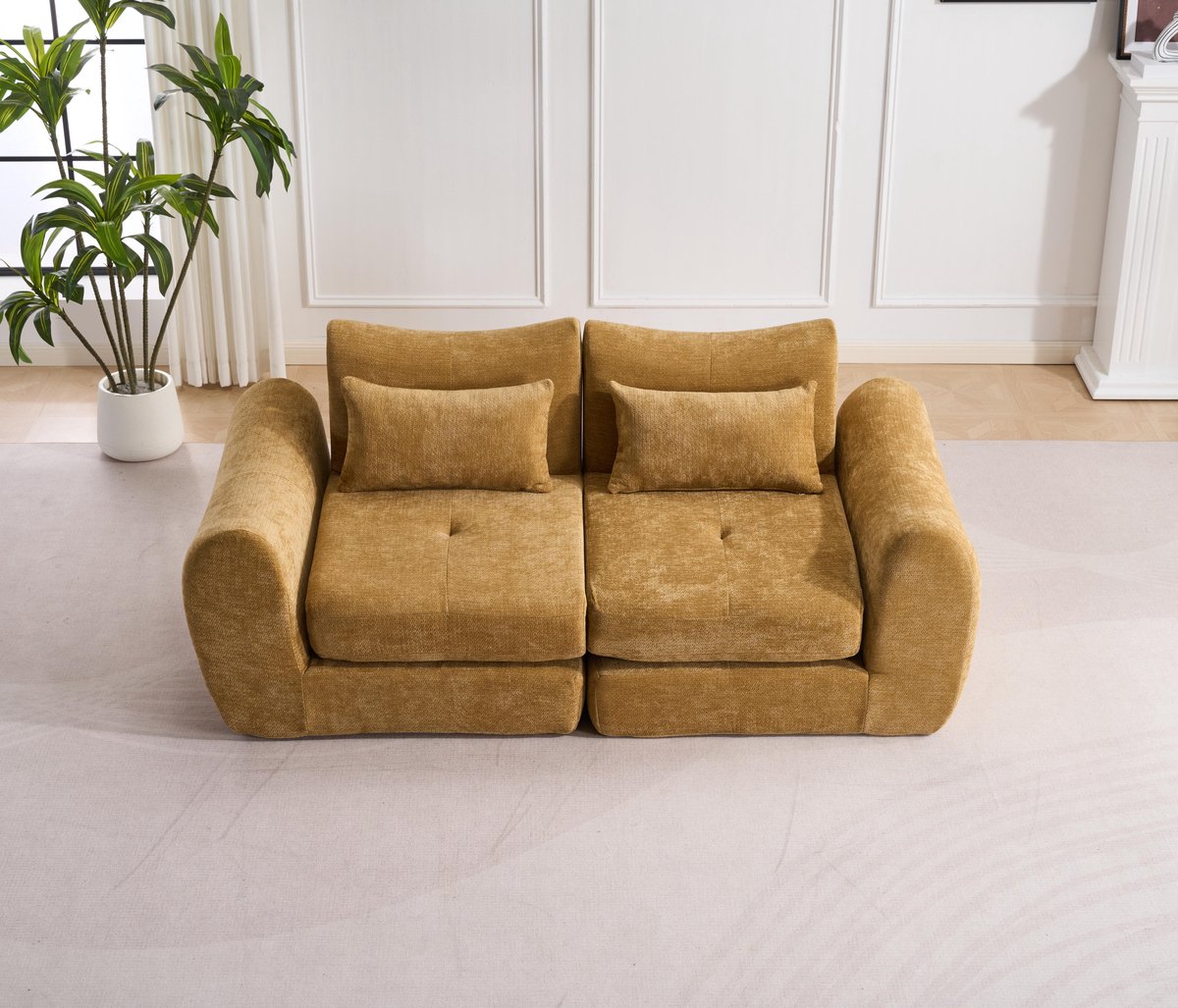 Multifunctionele chenille slaapbank – modulair en opvouwbaar ontwerp – 2 kussens en armleuningen – comfortabele 2-in-1 bank en bed – geschikt voor 2 personen – bank, chaise longue en logeerbed – ideaal voor appartement en kleine ruimtes – Geel