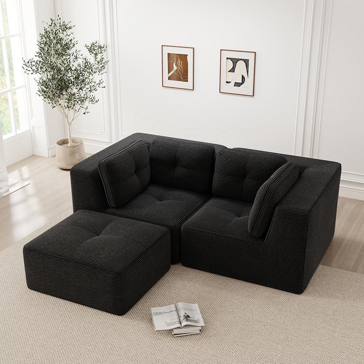 BLACKCOLORS Modulaire en configureerbare hoekbank, L-vormige framevrije tweezitsbank met verplaatsbare voetensteun, comfortabele Cord-stof, geschikt voor de woonkamer en slaapkamer, Zwart