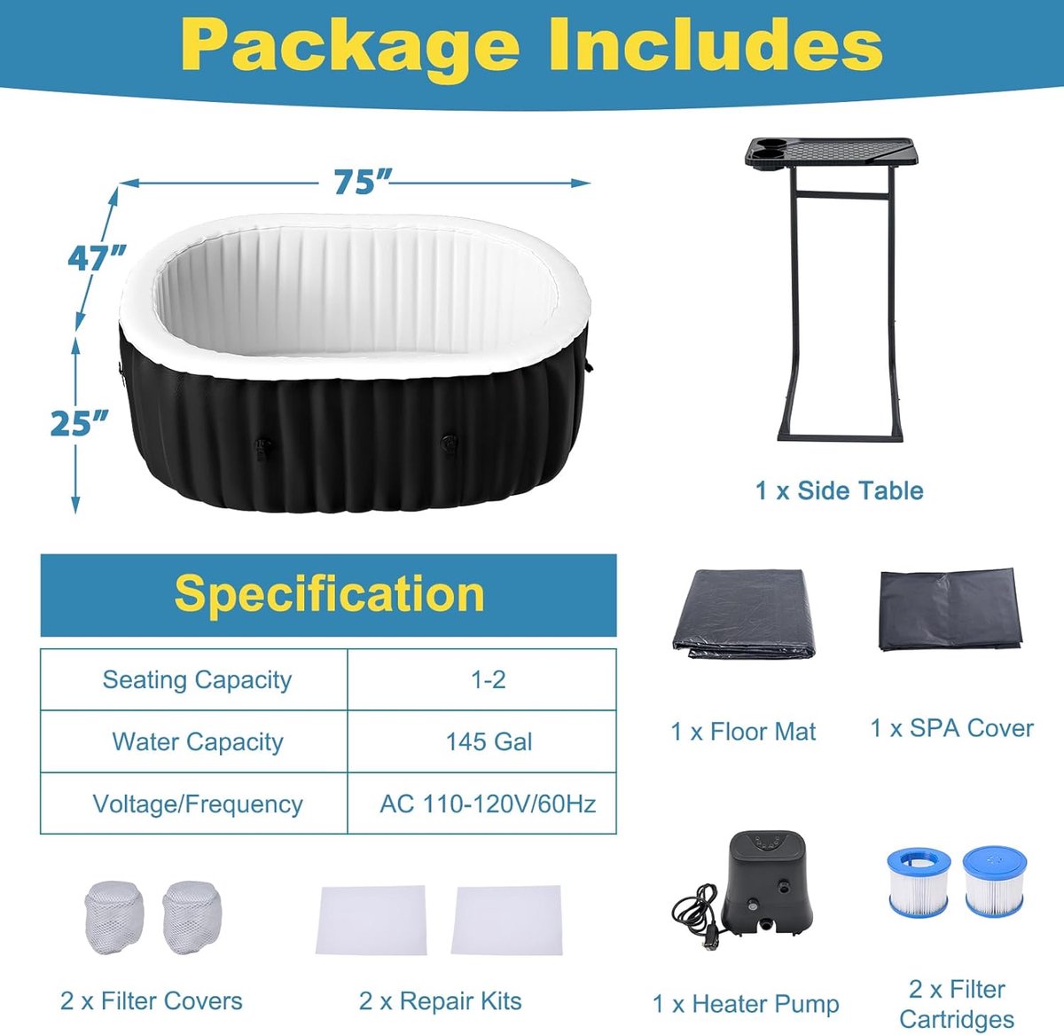 Luxe Opblaasbare Whirlpool Spa 2-4 Personen 190 x 120 x 63,5 cm – 120 AirJets, 2400W Verwarming, Inclusief Isolerende Cover, Mat & Filterpomp voor Binnen en Buiten