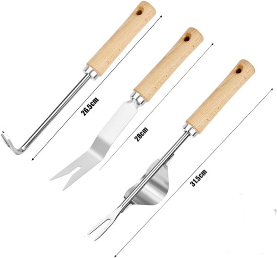 Onkruidverwijderaar-Onkruidsteker Set 3-delig - RVS Onkruidwieder met Gekartelde Rand -- Worteltrekker met Houten Handvat - Voegenreiniger en Handmatige Wieder voor de Tuin- Professioneel Tuingereedschap van Merkloos	 — afbeelding 2