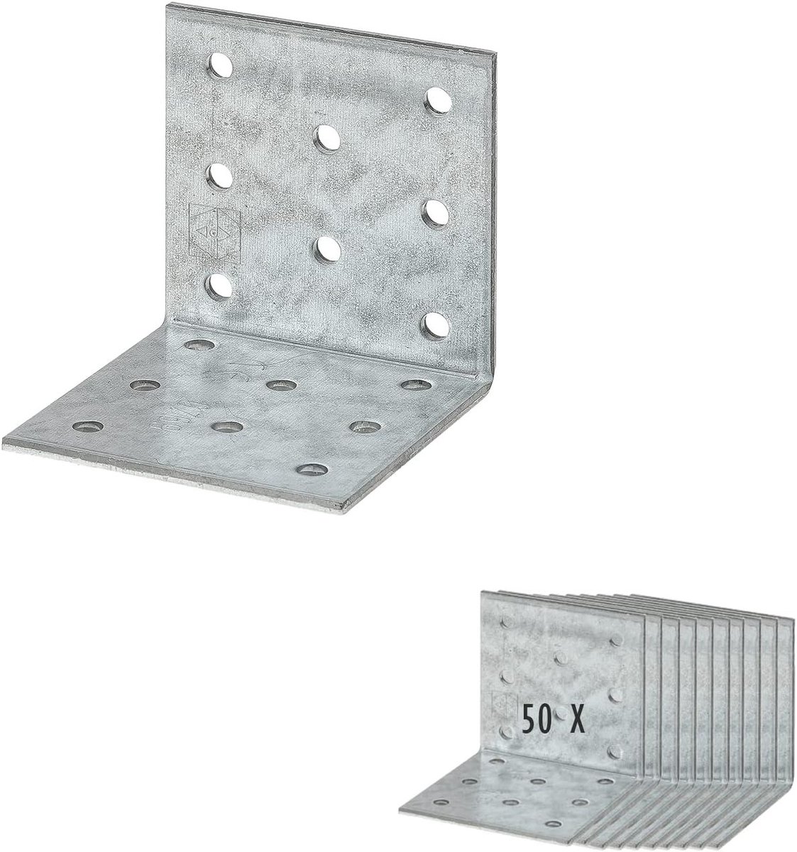50 x Siwitec geperforeerde hoekprofielen 80 x 80 x 80 mm, Sendzimir gegalvaniseerd, houten verbindingsstukken met corrosiebescherming, hoekijzer, 90-graden hoek, geperforeerd hoekprofiel, gegalvaniseerde hoek, hoekset