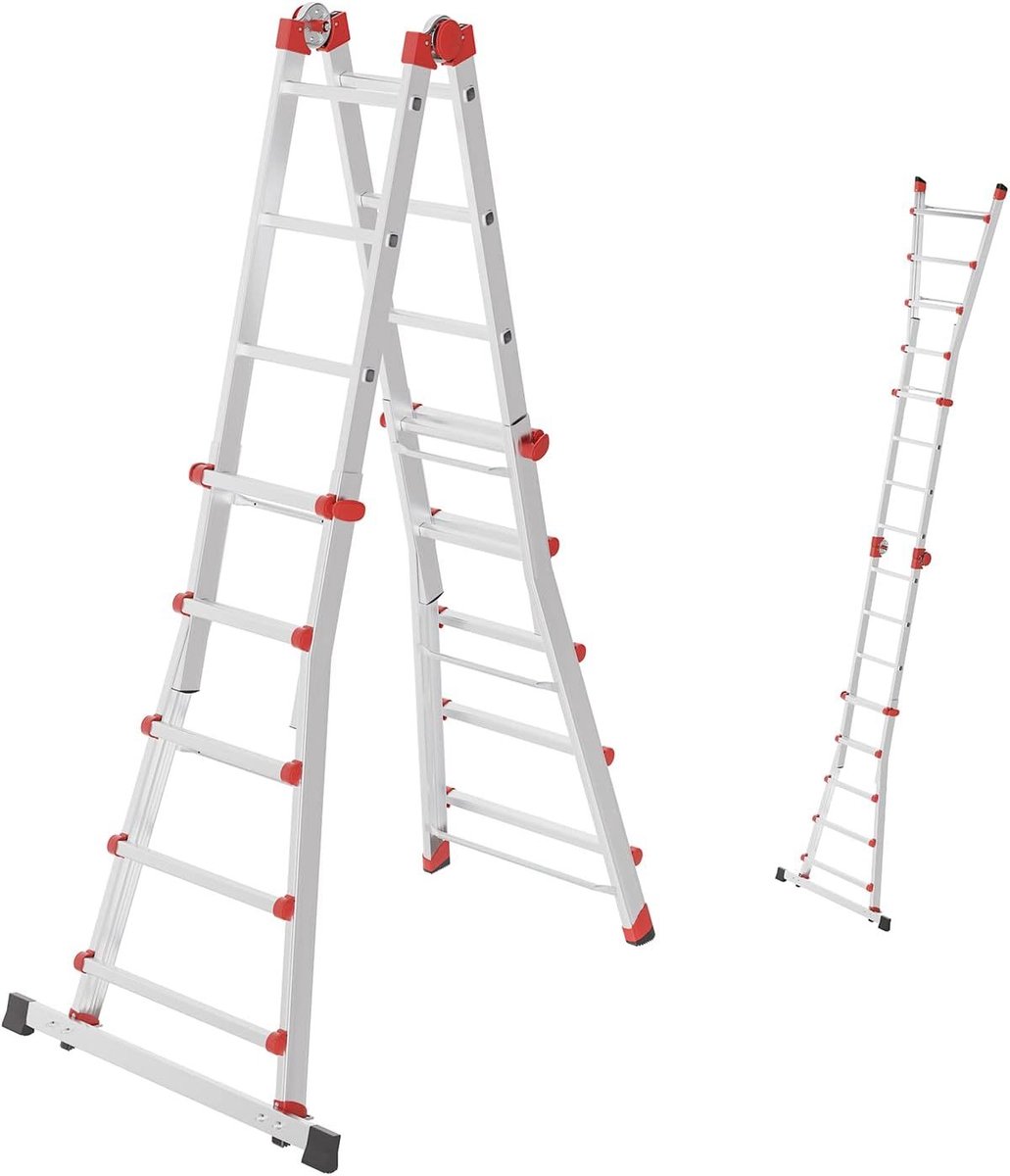 Hailo M80 Aluminium Multifunctionele Ladder - Schuifladder 4 x 5 Sporten, Draagvermogen tot 150 kg - Veiligheidsscharnieren en Vergrendelbare Handgrepen - Sport voor sport in hoogte verstelbaar - Roestvrije Multifunctionele Ladder - Zilver