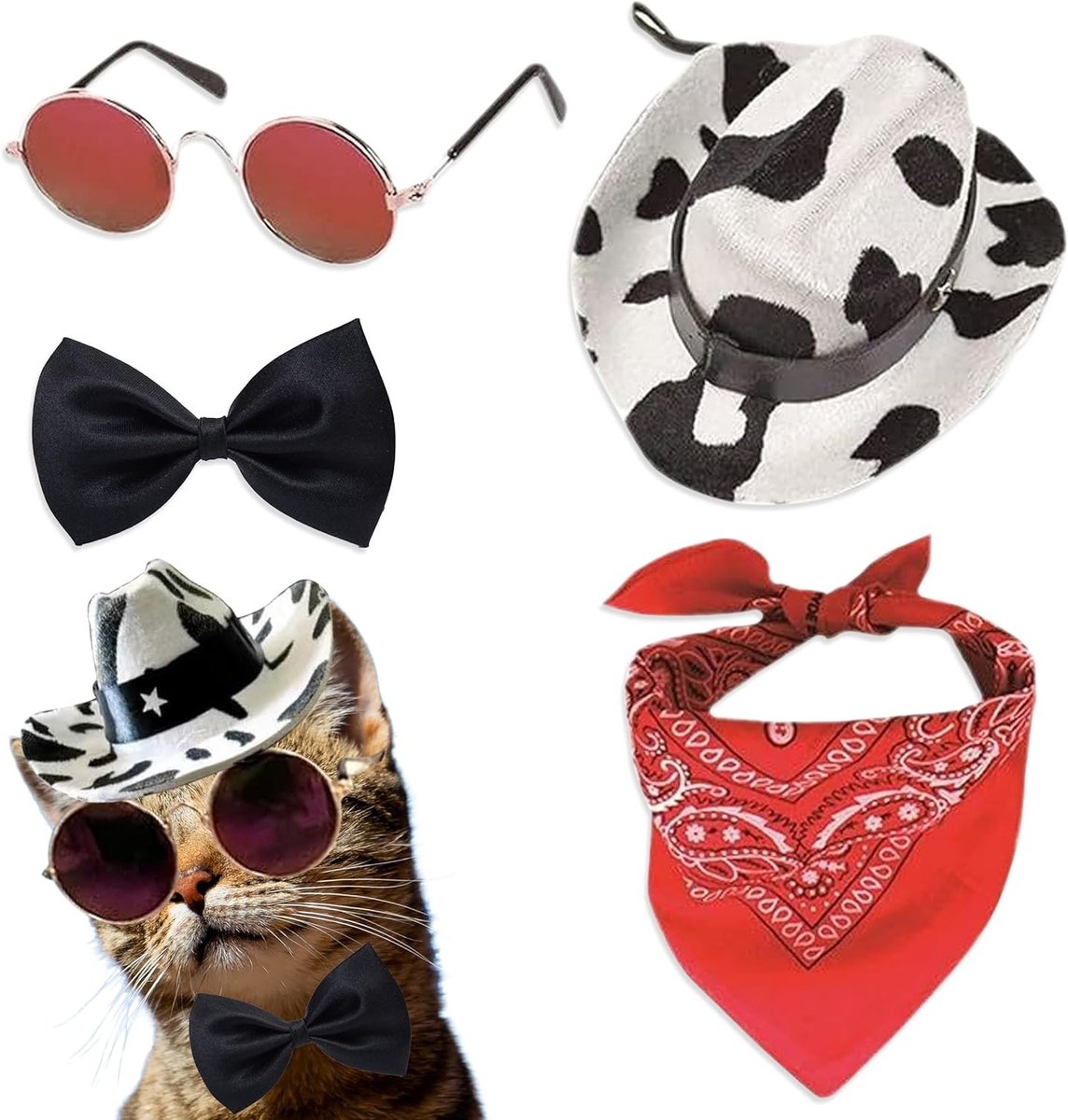 Cowboy Hoed voor Honden en Katten met Sjaal, Zonnebril en Strik, Perfect voor Dierenfeestjes en Verkleedpartijen