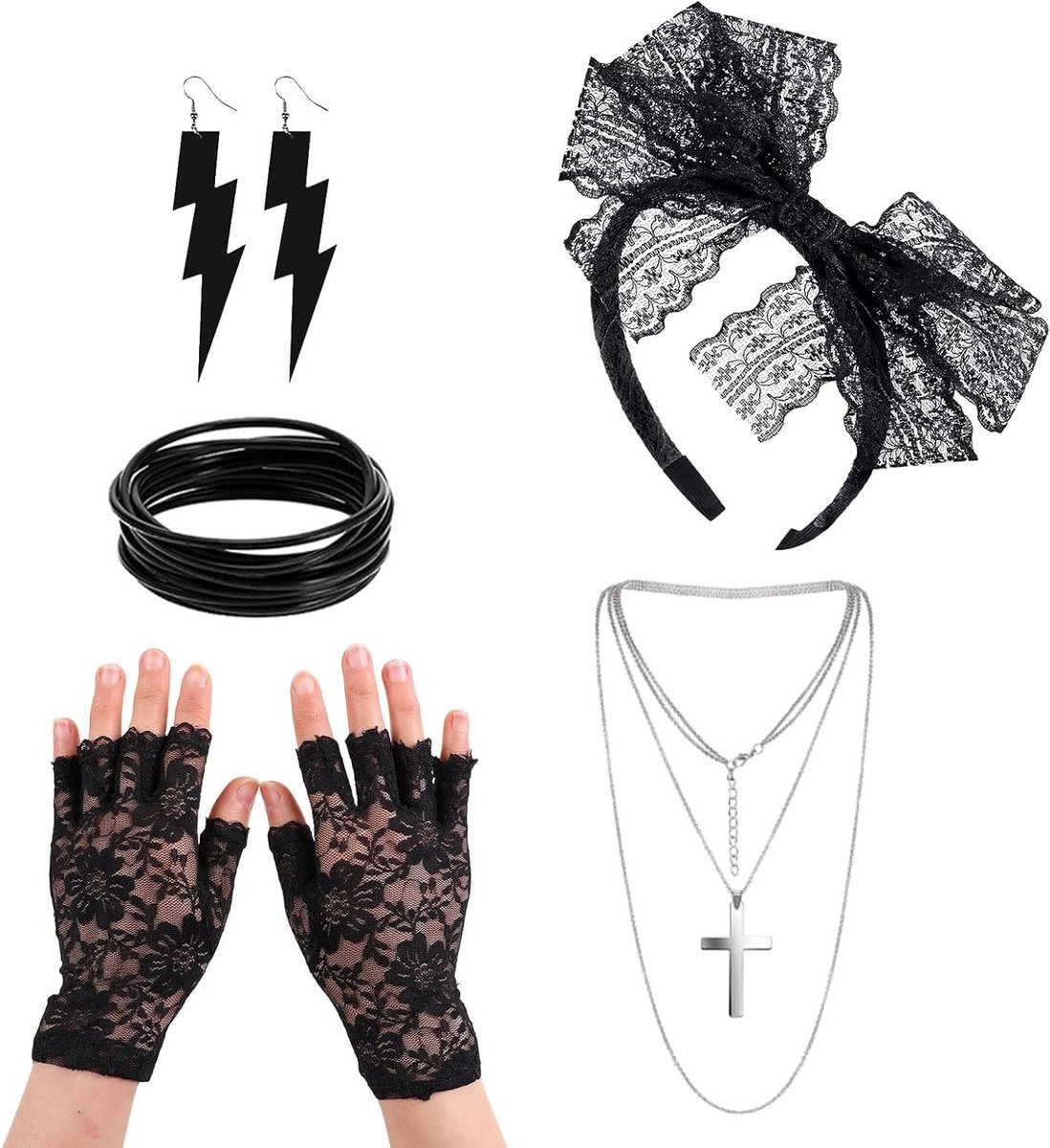 5-delig 80s Kostuum Set met Retro Accessoires, Oorbellen, Net Handschoenen, Ketting en Armband voor Feest en Carnaval