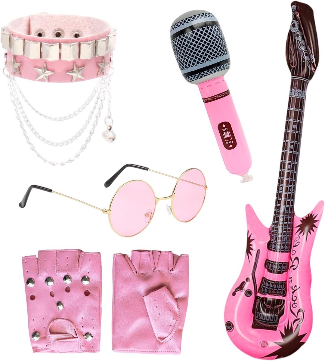 Rockster kostuumset met handschoenen, zonnebril, opblaasbare gitaar, microfoon en disco accessoires - 5-delige set voor feest en carnaval