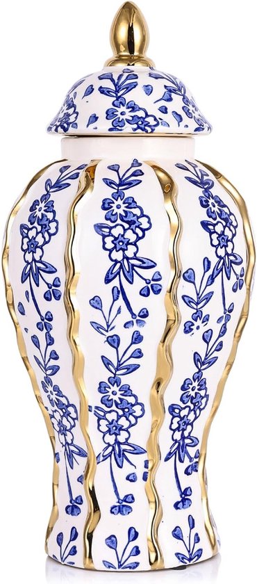 Luxe keramische gemberpot met deksel in wit en goud - Moderne geometrische decoratieve vaas voor woonkamer, keuken en eettafel, perfect voor opslag en interieurdecoratie (36cm)