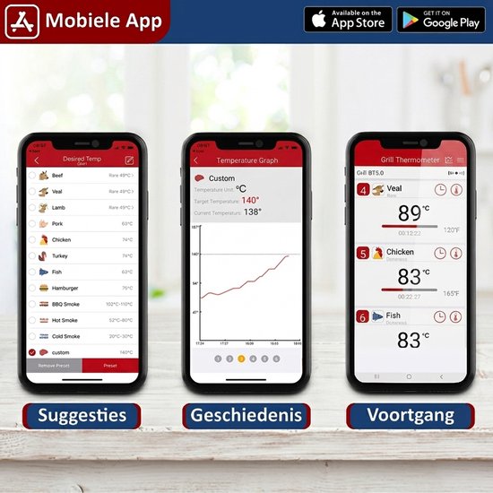 Drie telefoonschermen tonen de app met vleesthermometer instellingen: gewenste temperatuur, temperatuurgrafiek en grillthermometer.