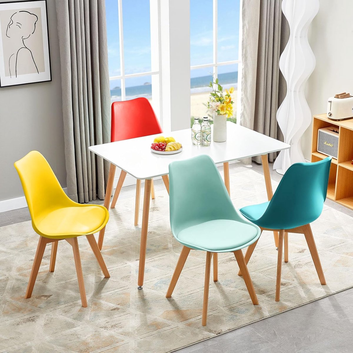 Scandinavische Design Kuip Eetkamerstoelen Set van 4 Multicolor PU Zitting 41 x 47,5 x 82 cm Zithoogte 45,5 cm Beukenhouten Poten SGS Getest 120 kg Draagvermogen Retro Stoelen
