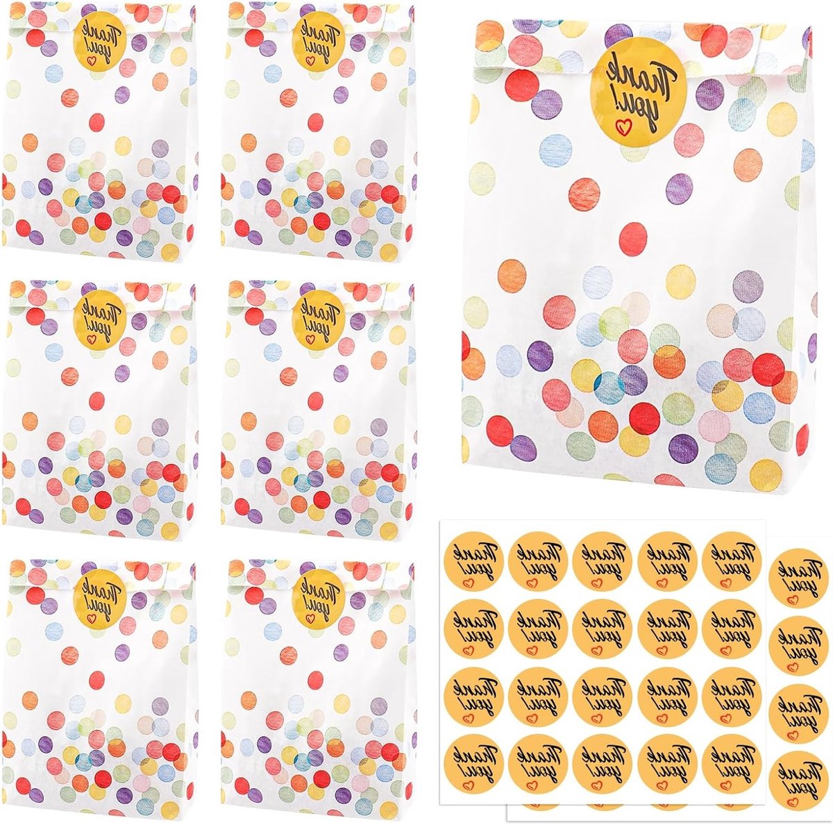 Set van 30 cadeauzakjes met 40 stickers, 19 x 13 x 3,5 cm, papieren zakjes voor verjaardagsgeschenken, bruiloften en feesten met ronde stippen