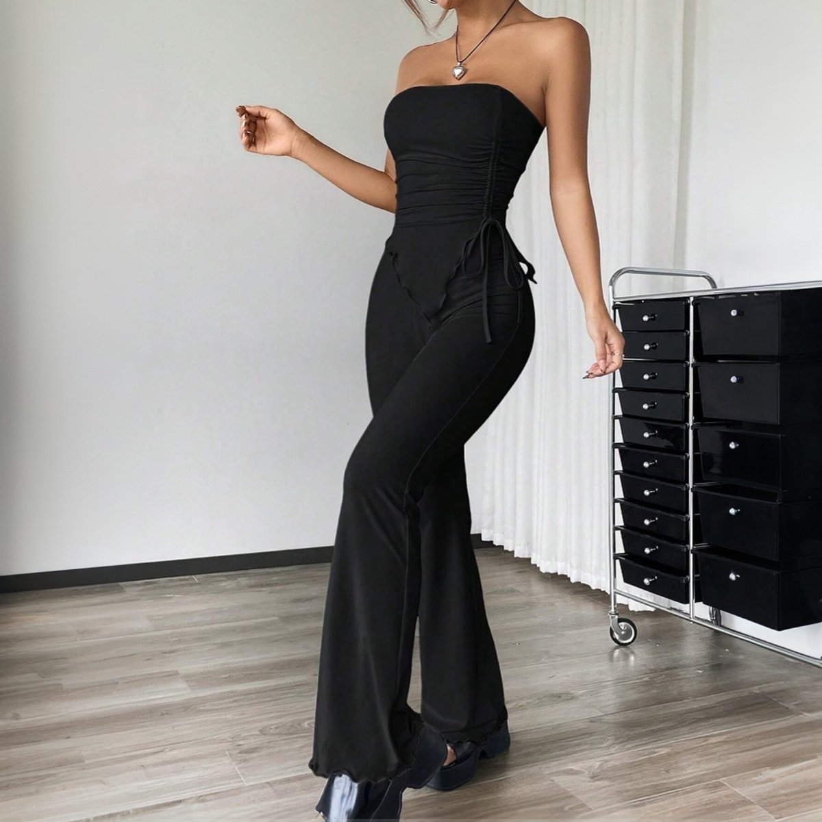 Dames Effen Tube Top met Koord + Lange Broek Twee-in-één Set - Perfect voor Zomer en Feestelijke Gelegenheden