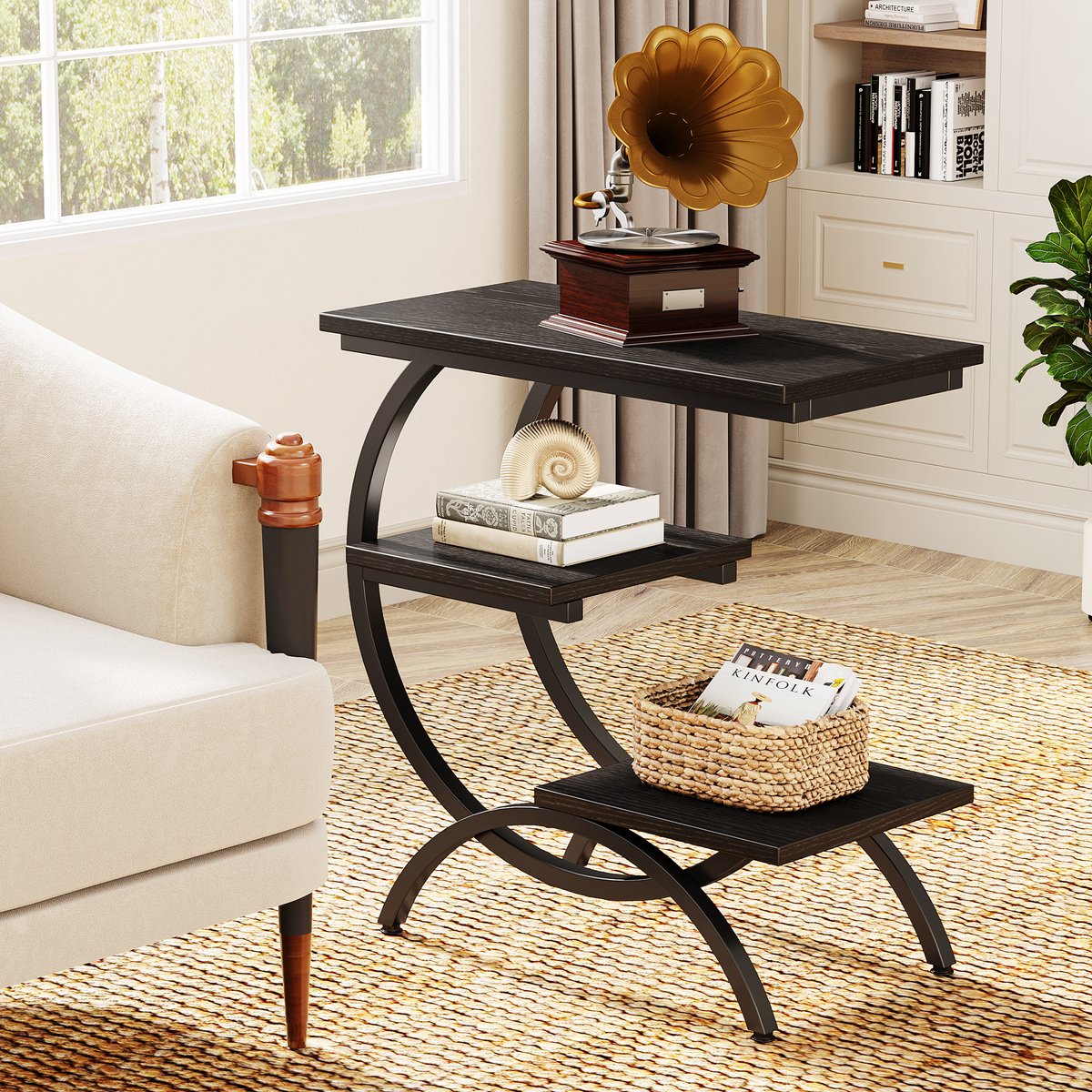 LITTLE TREE C-vormige Sidetable - met 3 opbergplanken - 60x30x65 cm - Voor bank en woonkamer - Zwart