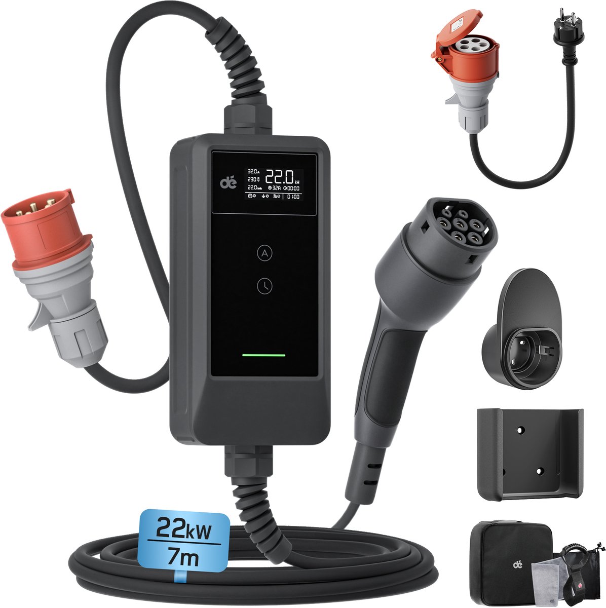 dé Mobiele Thuislader Type 2 - 22kW met APP - Lader Voor Elektrische Auto's 32A 3 fase - CEE naar Type 2 - Totaal 7m Laadkabel