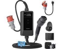 dé Mobiele Thuislader Type 2 - 22kW met APP - Lader Voor Elektrische Auto's 32A 3 fase - CEE naar Type 2 - Totaal 7m Laadkabel