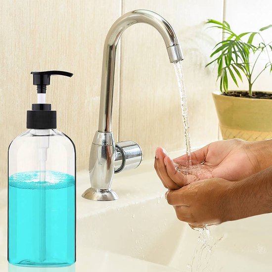 Set van 4 lege plastic pompflessen van 500 ml (16 oz), draagbaar, transparant, cilindrisch, BPA-vrij, voor shampoo en lotion. Duurzame, navulbare flessen. — afbeelding 5