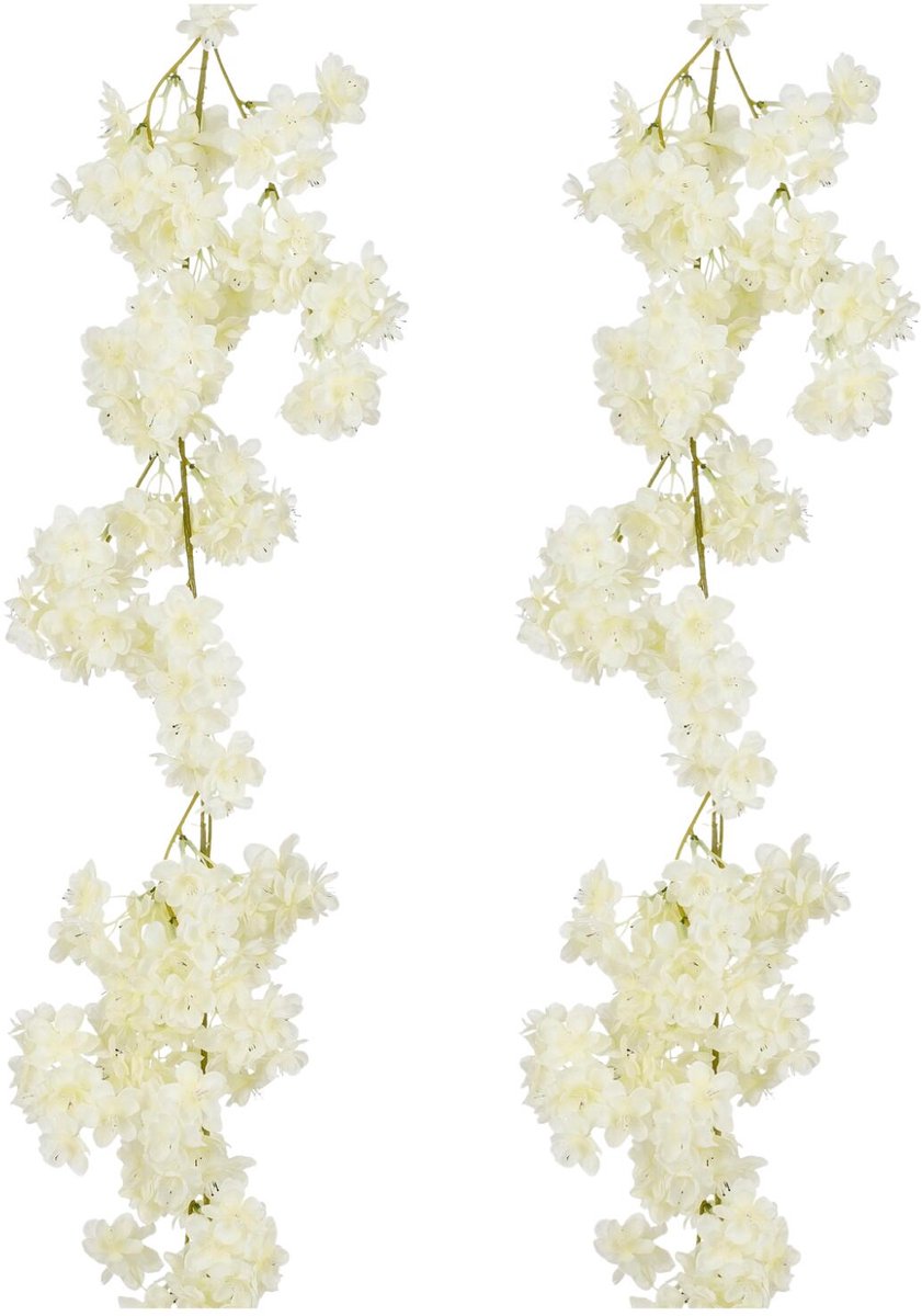 Mica Decorations Kunstbloemen Bloesem Slinger - 2x - 180 x 20 cm - wit - kunststof - bloemetjes