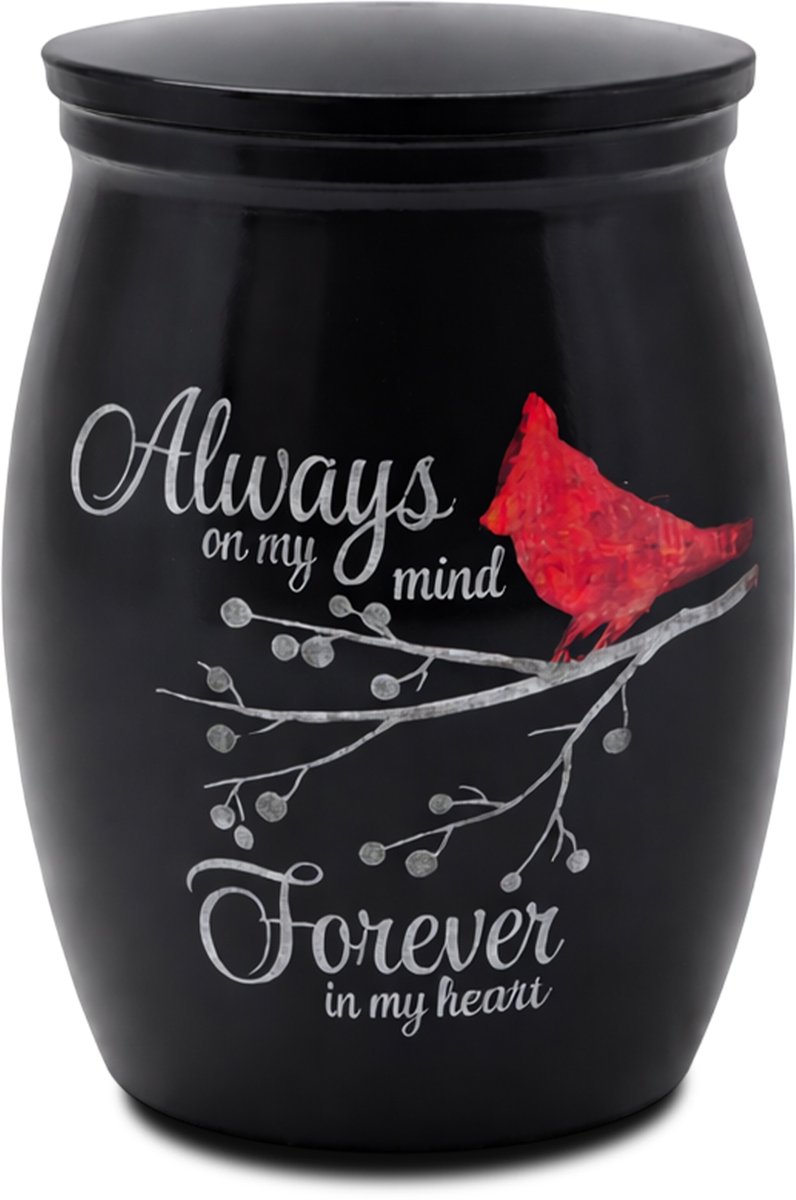 Akerz Mini Urn Kardinaalvogel Zwart – Always on My Mind, Forever in My Heart – Herinneringsurn voor As – Aluminium – Inclusief Beschermzakje – Schroefdeksel – 4 cm