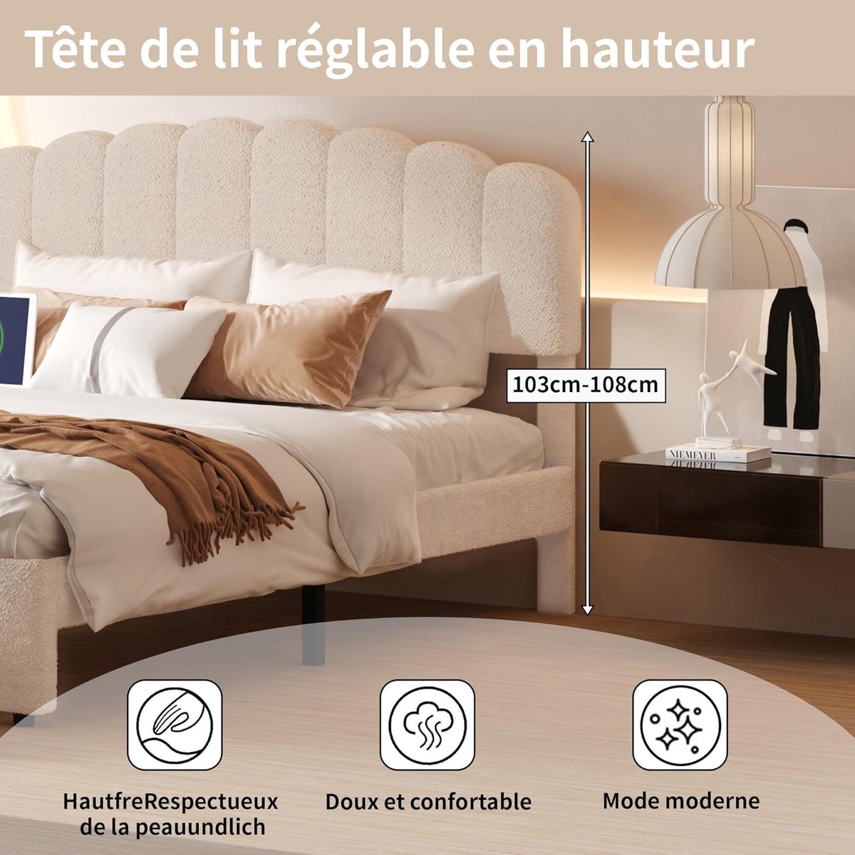 Luxe Teddy Stoffen Tweepersoonsbed 140x200 cm met Opberglade en USB-Oplaadstation – Beige