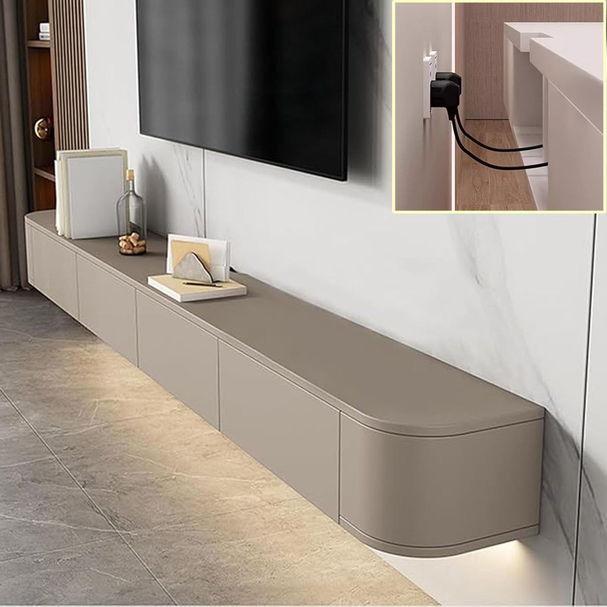 Zwevend TV meubel 160 x 20 x 24 cm – Wandgemonteerd tv kast met opbergruimte en lades – modern minimalistisch wandmeubel voor tv en router – kaki design – Vermissen XDXINY