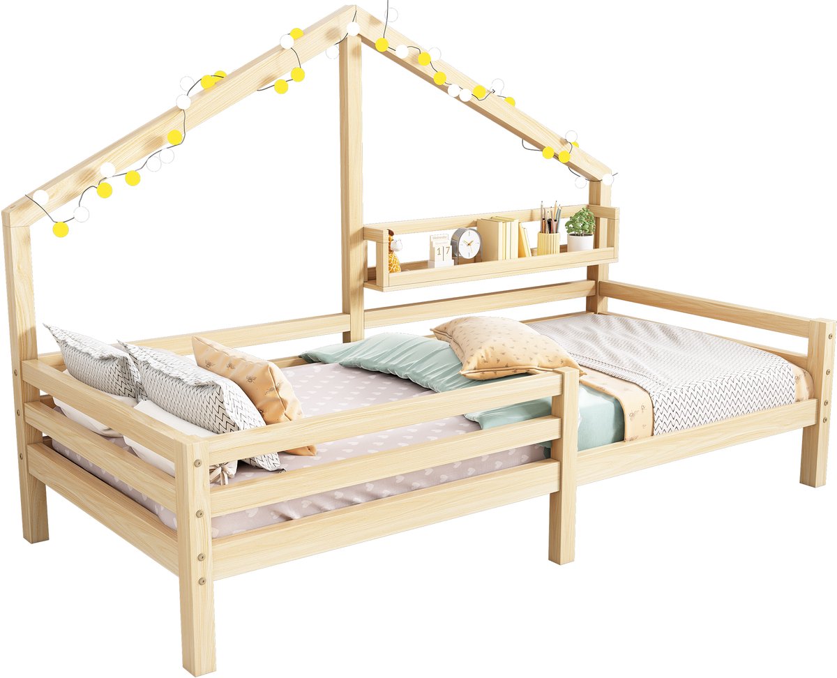Huisbed 90x200 cm - kinderbed met boekenplank en veiligheidshek - Scandinavisch bedhuisje van grenenhout - naturel - Massif hout