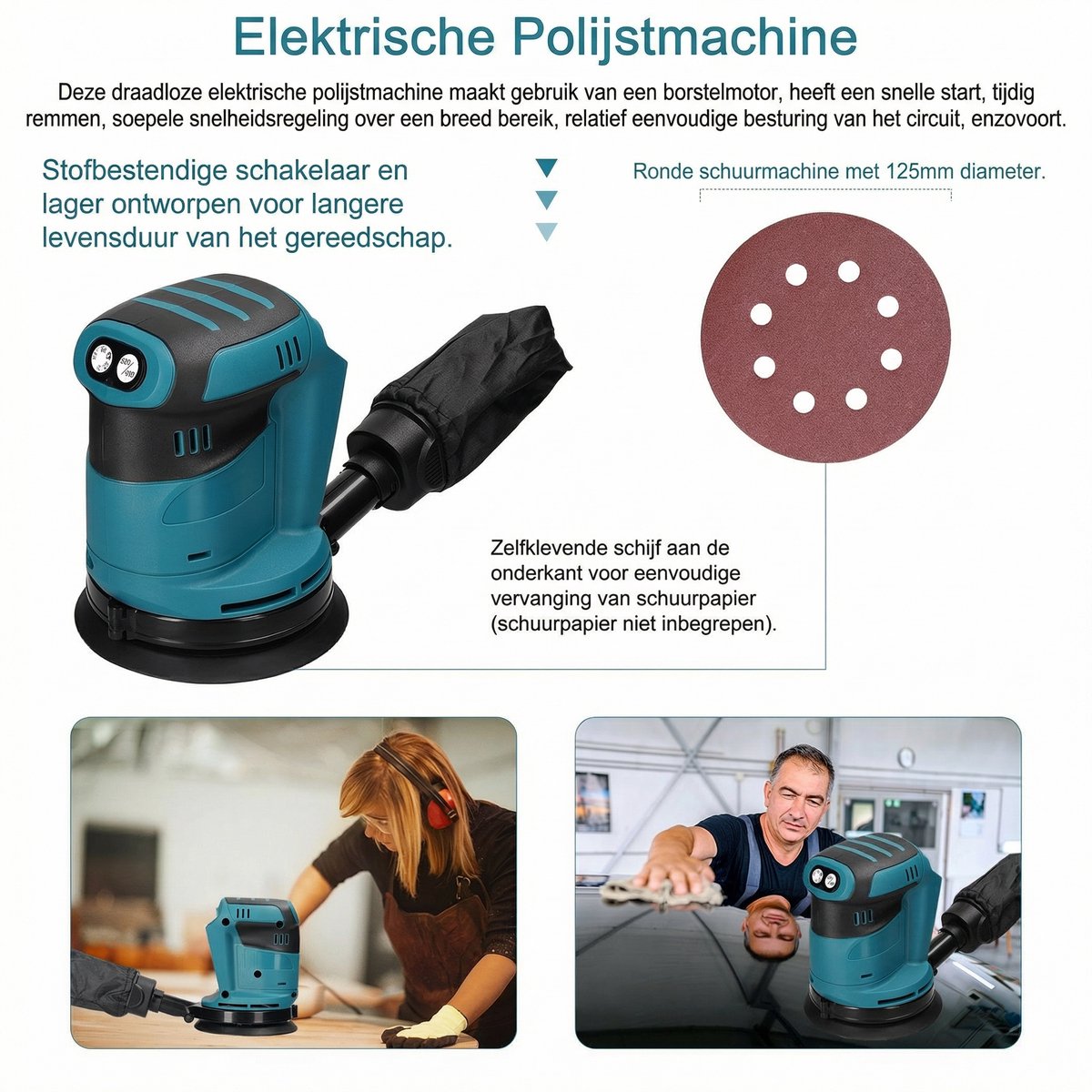 125mm Accu Excentrische Schuurmachine – Draadloos – 6 Snelheden – Orbital Sander voor Auto & Hout – foto 5