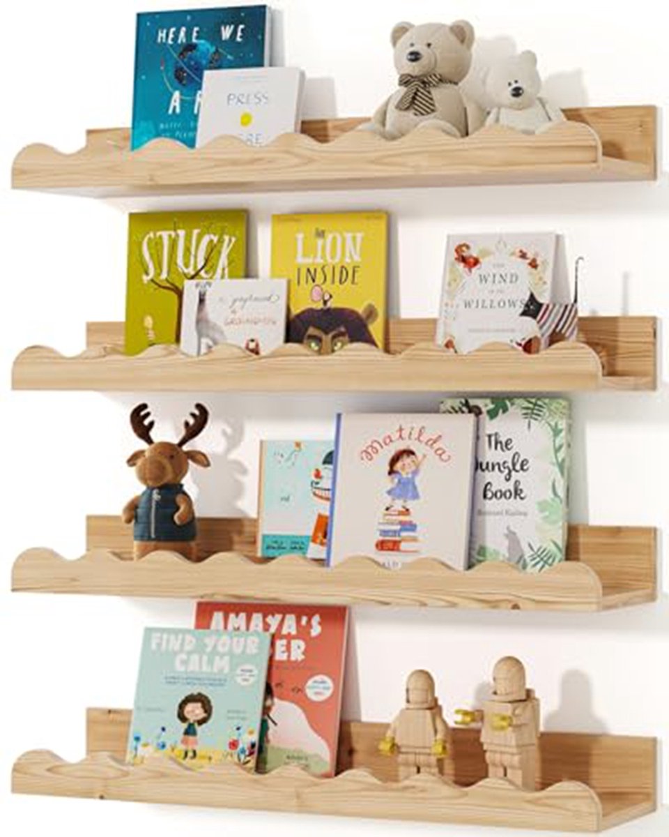 4 stuks Zwevende Wandplank - Boekenplank voor kinderkamer - Wandrek voor wanddecoratie en opslag - houten plank perfect voor boeken, speelgoed, fotolijsten en kinderkamerdecoratie - 42 cm