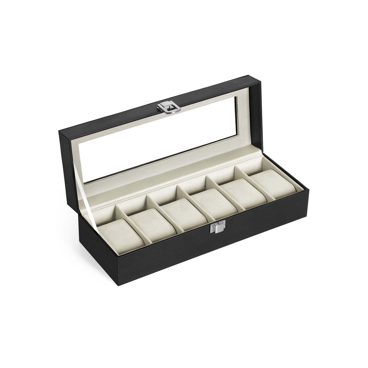 Zesvak horloge opbergdoos horlogedisplaybox 11,2×30×8cm zwart met transparante glazen deksel en zachte pluchen horlogekussens synthetisch leren oppervlak multi-horlogevakken opslag en display horloge stofbescherming geschikt voor opslag en display