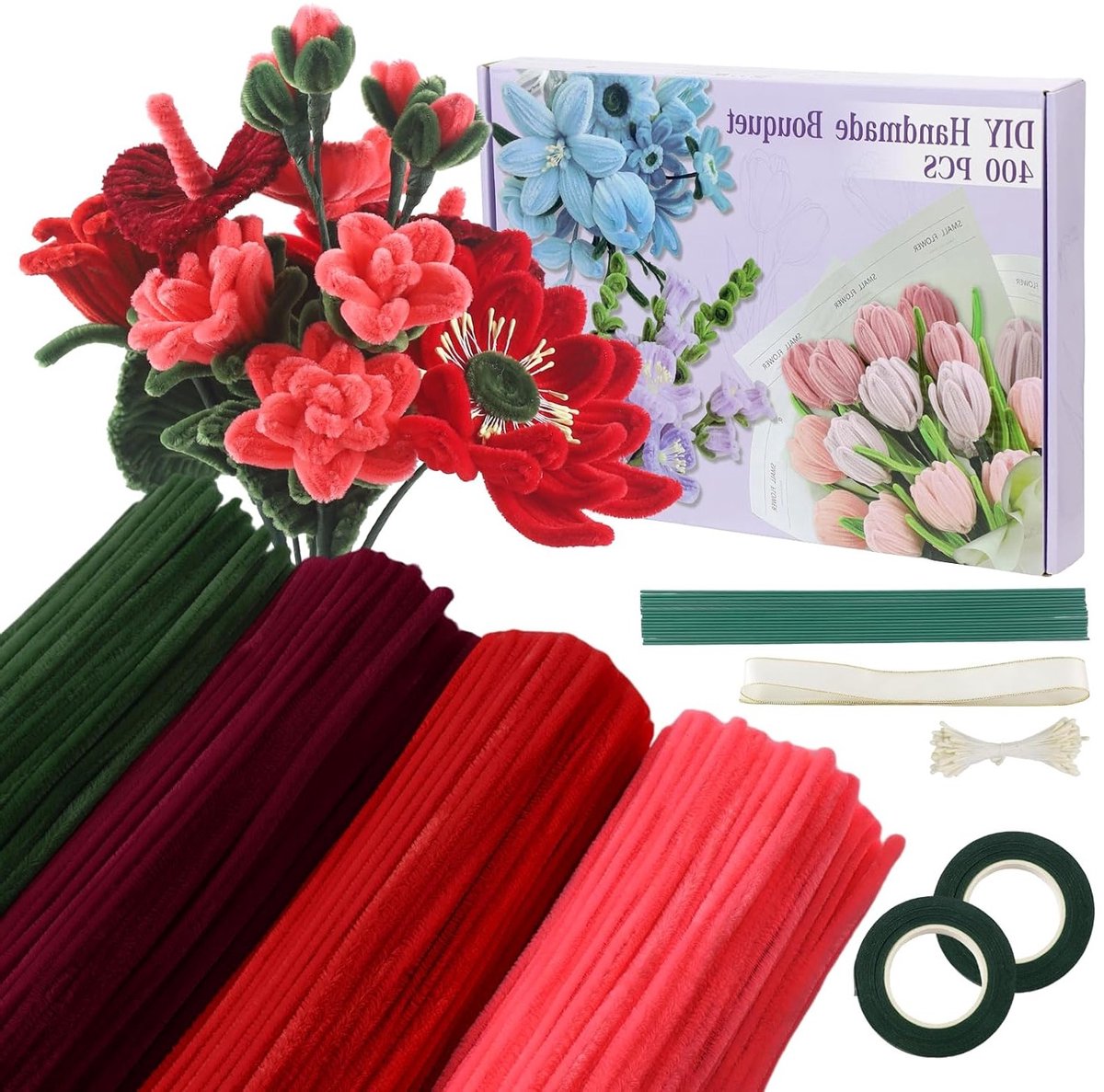 400 Stuks Pijpenragers in 4 Kleuren voor Creatieve Klussen, Bloemboeketten en DIY Decoraties met Cadeaulint en Stamens