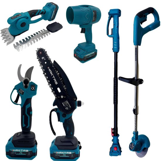 Foto: Tuingereedschap 6 in 1 accu set 21v mini kettingzaag heggenschaar snoeischaar grastrimmer draadloos professioneel tuin gereedschap met accu en oplader