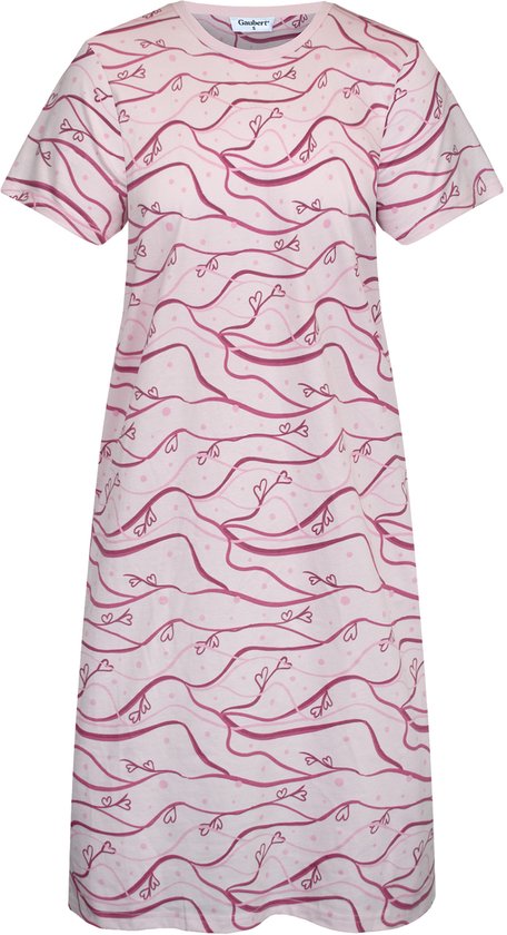 Lichtroze nachthemd met korte mouwen en een patroon van roze golven en kleine hartjes.